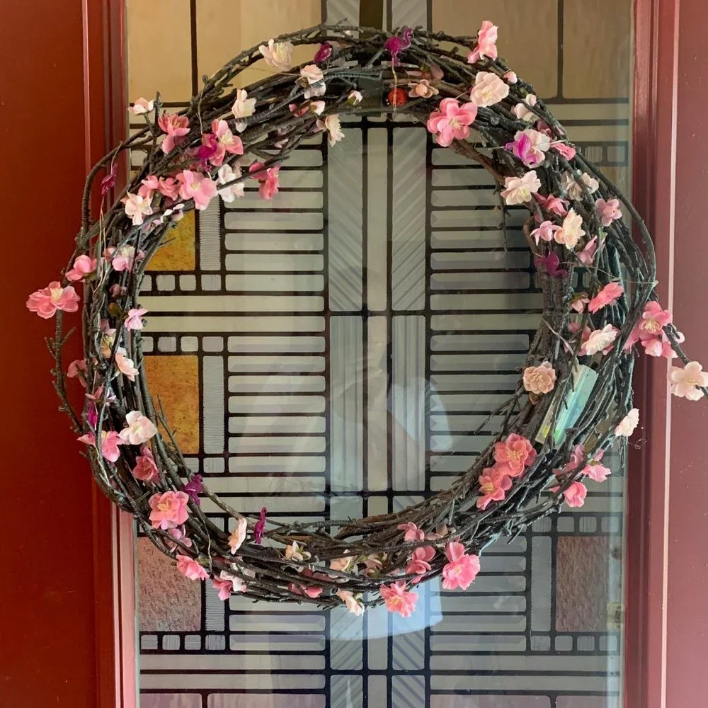 Cheery Grapevine Wreath with Pink Cherry Blossoms and Flamingo Lights